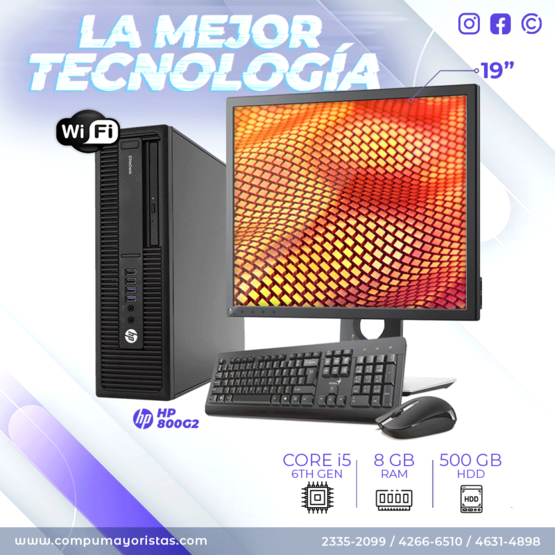 HP 800g2 Basic, disponible en Compumayoristas Guatemala, telefono 2335-2099 / 4266-6510 / 4631-4898 precio Q3,190.00 procesador core i5 de 6a. generación, 8gb ram, 500gb hdd, pantalla lcd 19", mouse, teclado y cables